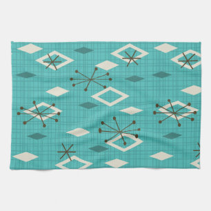 Mid Century Diamonds Starbursts Turcos Kökshandduk