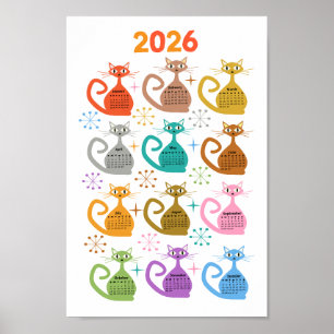 Mid Century Färgglada Atomkatter 2026 Kalender Poster