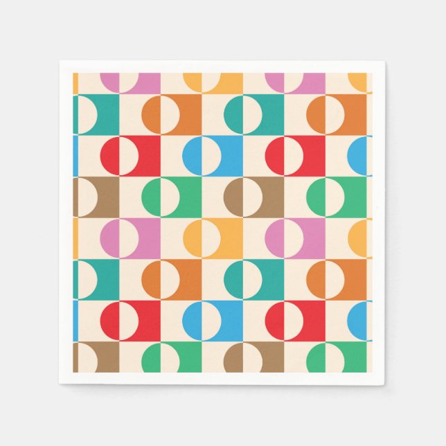 Mid Century Färgglada Cirklar på Rutor Mönster  Pappersservett (Framsidan)