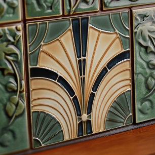 Mid-Century Flower Symmetry Art Deco Belle Epoque Kakelplatta
