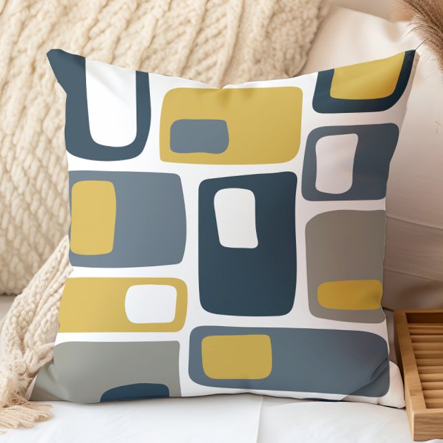 Mid Century Funky Geometriska Former Navy Mustard Kudde (Skapare uppladdad)