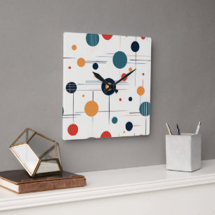 Mid Century Geometric Mönster Fyrkantig Klocka