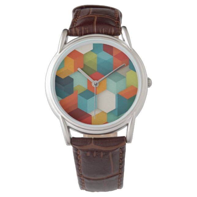 Mid-Century Geometrisk Kub Timmerväljd Armbandsur (Framsida)