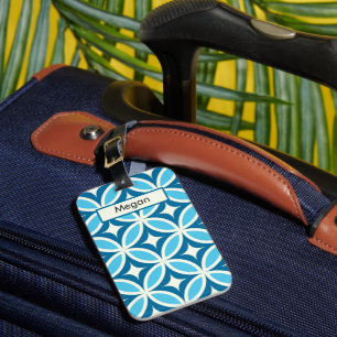 Mid Century Geometriskt Mönster Blått Monogram Bagagebricka