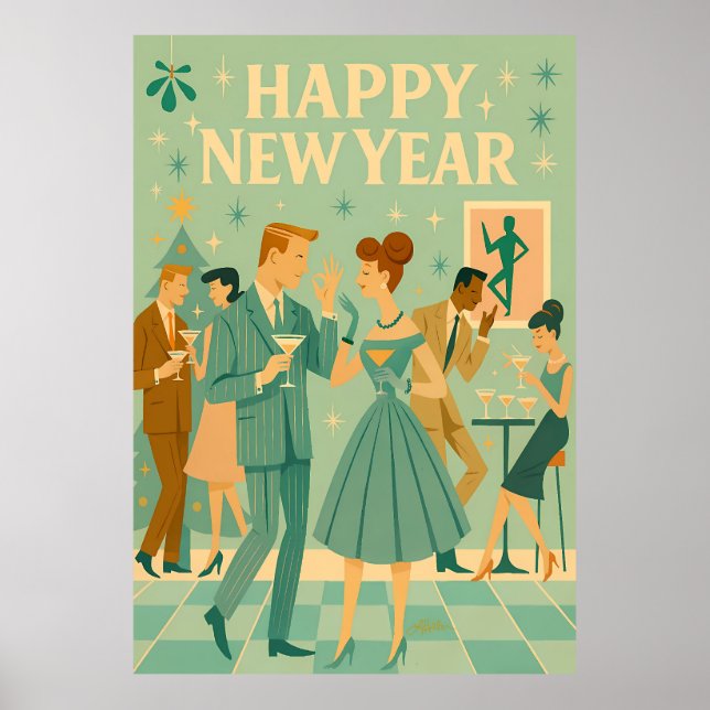 Mid Century Gott Nytt År The Martini-dansen Poster (Framsidan)