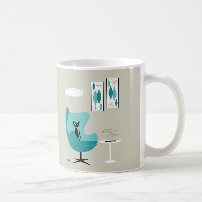 Mid Century Gravel Art på Grått med svart katt Kaffemugg (Höger)