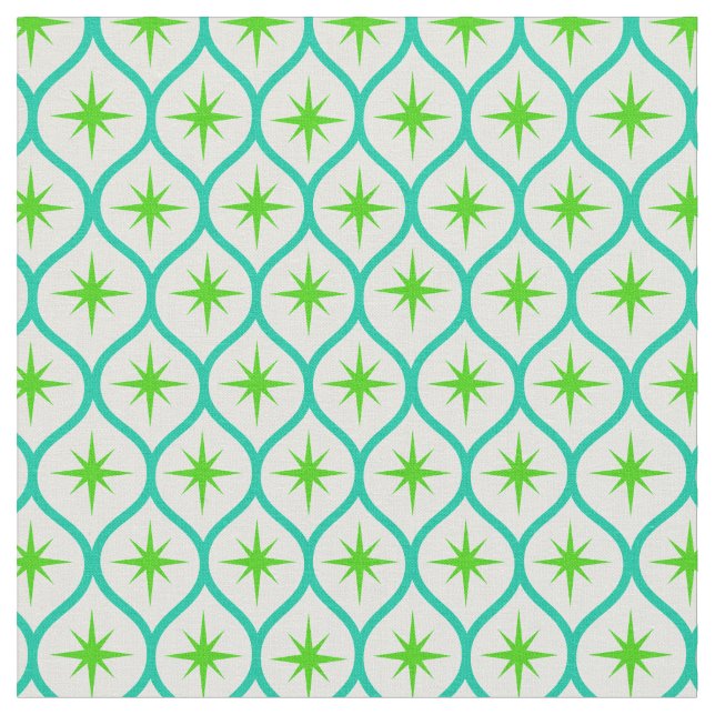Mid Century Green Starbursts on teal Ovals Pattern Tyg (Närbild)