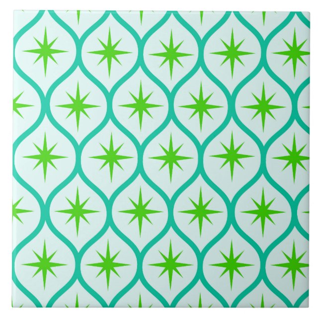 Mid Century Grönt Starbursts på Ovaler Mönster Kakelplatta (Framsidan)
