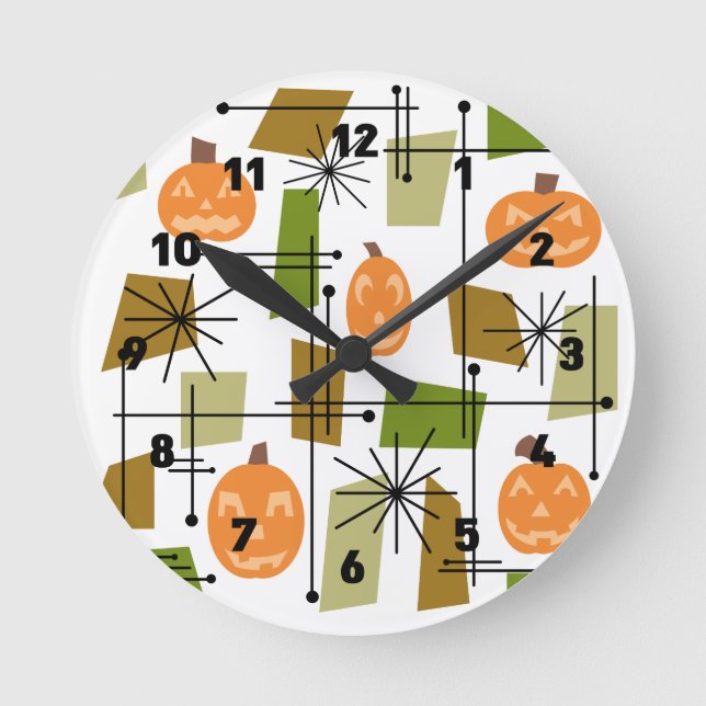 Mid Century Halloween Pumpkins Rund Klocka (Framsida)