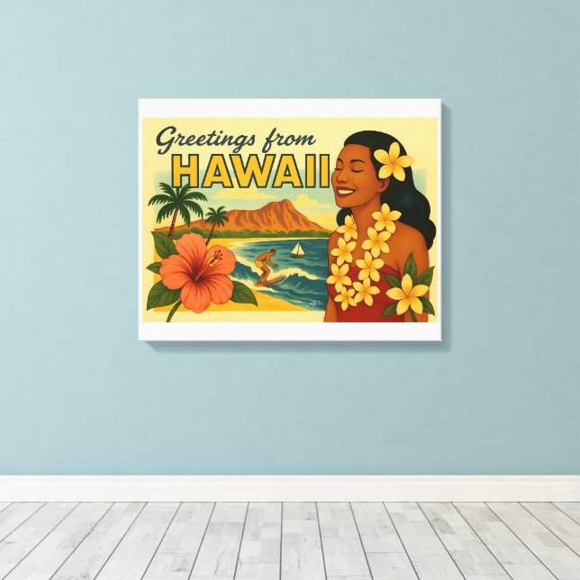 Mid Century Hälsningar Från Hawaii Turism Konst Canvastryck (Insitu (trägolv))