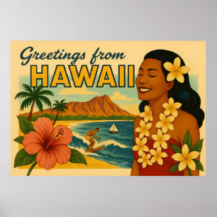 Mid Century Hälsningar Från Hawaii Turism Konst Poster