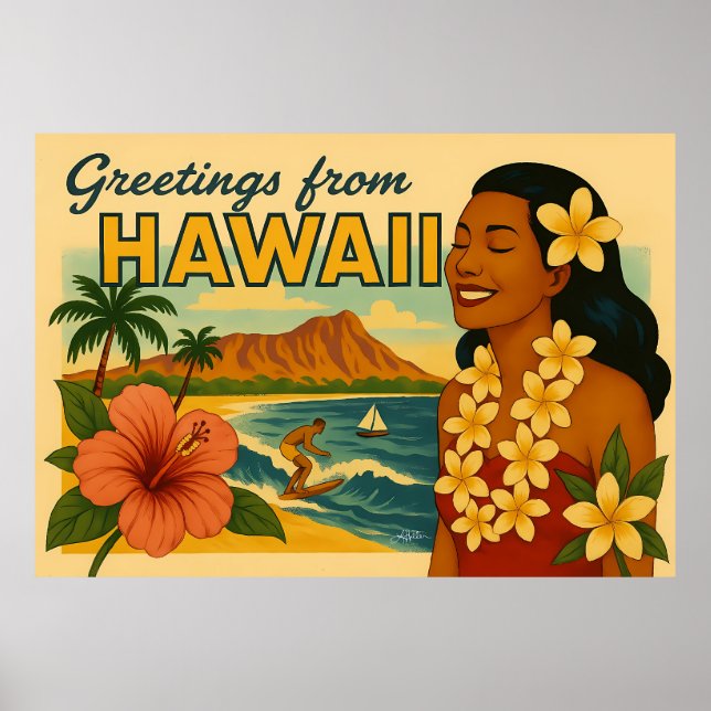 Mid Century Hälsningar Från Hawaii Turism Konst Poster (Framsidan)