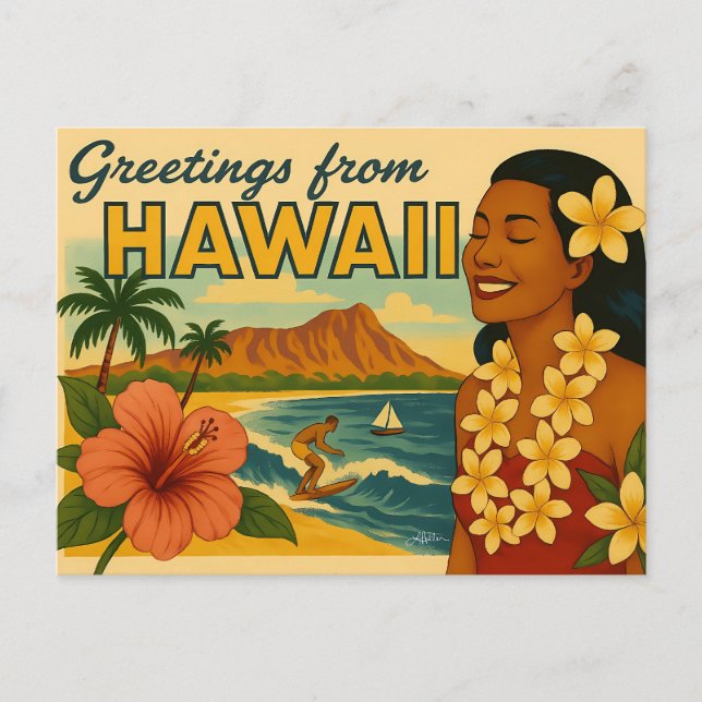 Mid Century Hälsningar Från Hawaii Turism Konst Vykort (Framsida)
