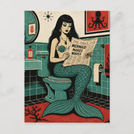 Mid Century Havsfröken på Toalett Läsande Tidning Vykort