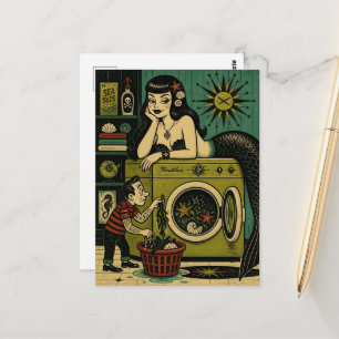 Mid Century Havsfröken Tvättdag Vykort