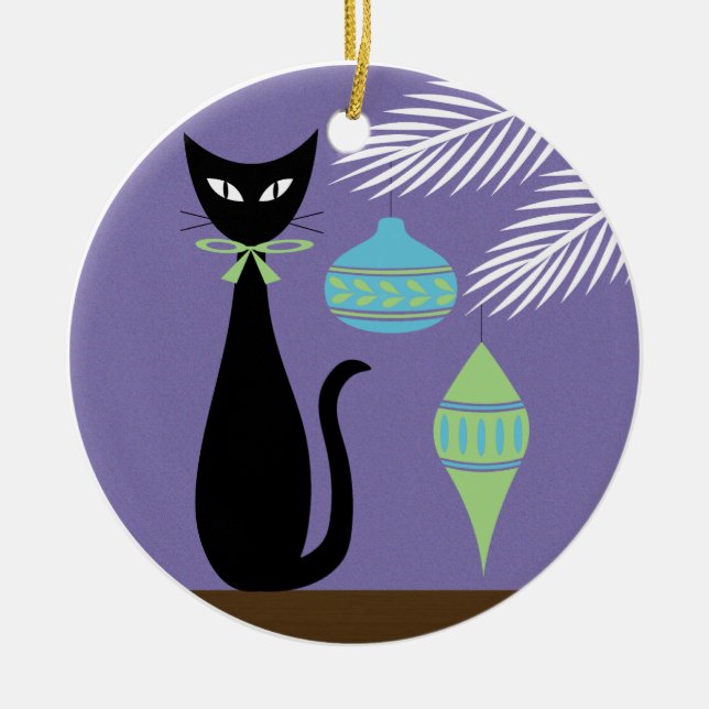 Mid Century Holiday Cat with Ornaments 2 Julgransprydnad Keramik (Framsidan)
