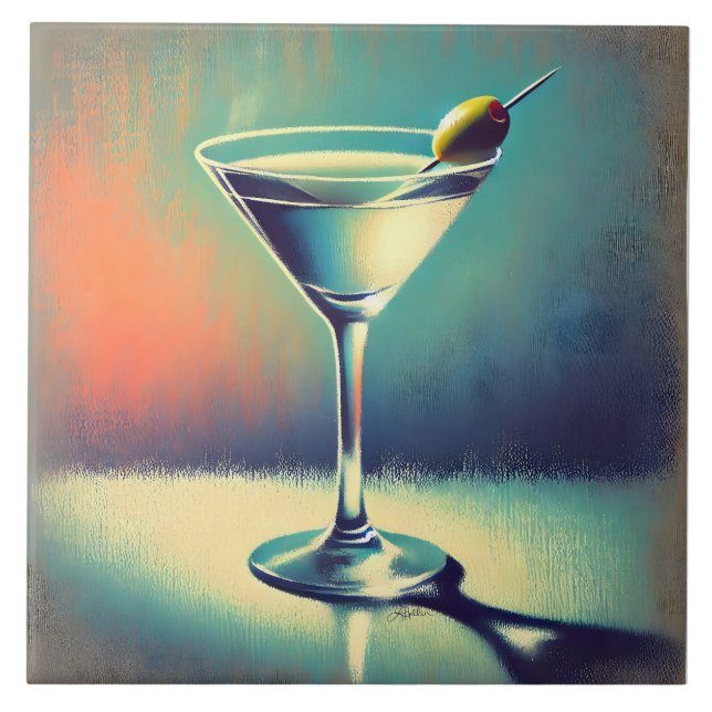 Mid Century I Love The Blues Martini Konst Kakelplatta (Framsidan)
