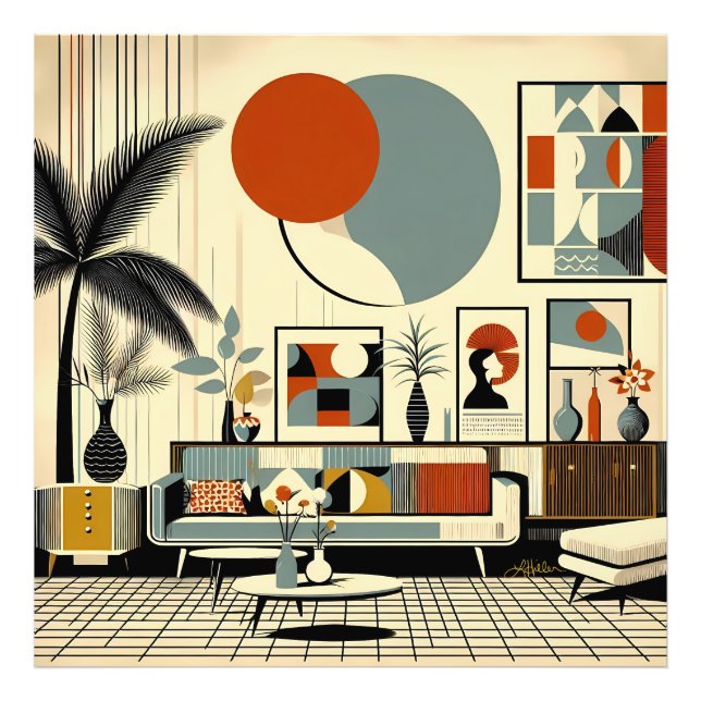 Mid Century Inredning Eclipse Vardagsrum Fototryck (Framsidan)