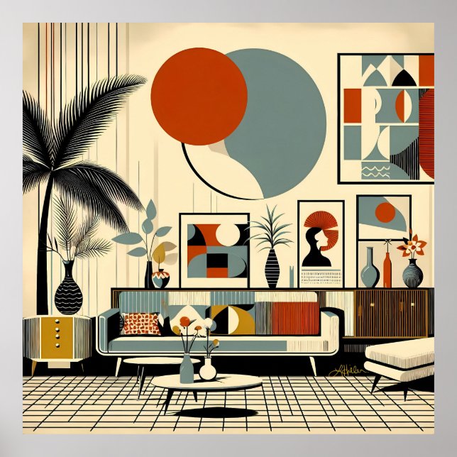 Mid Century Inredning Eclipse Vardagsrum Poster (Framsidan)