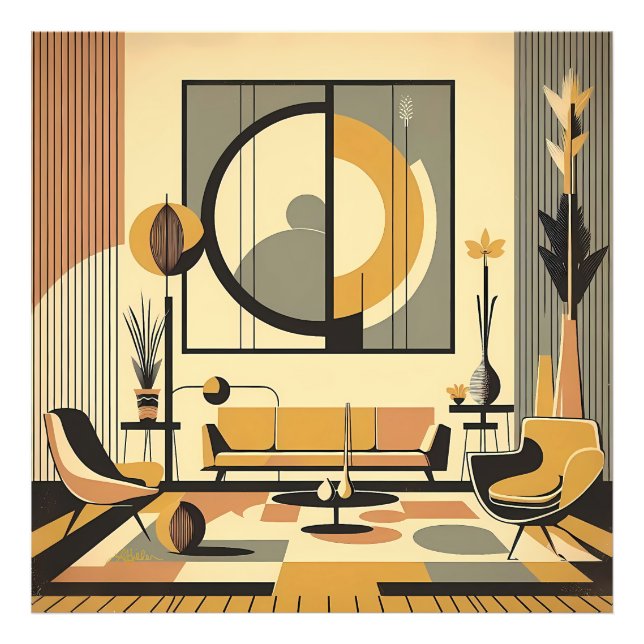 Mid Century Inredning Höstfärger Vardagsrum Fototryck (Framsidan)