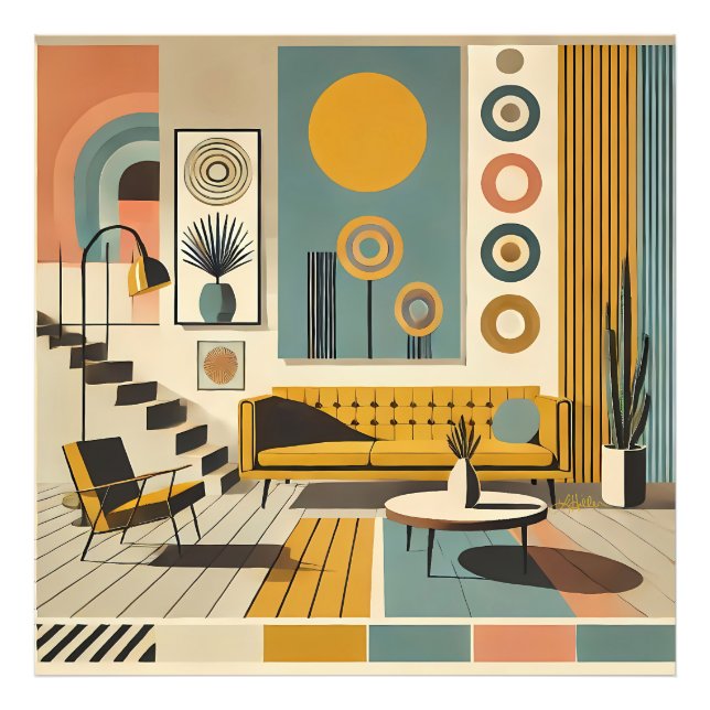 Mid Century Inredning Öken Vardagsrum Fototryck (Framsidan)