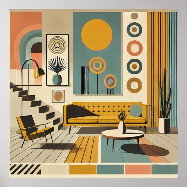 Mid Century Inredning Öken Vardagsrum Poster (Framsidan)