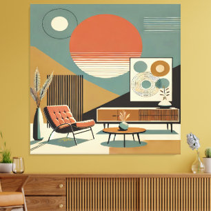Mid Century Inredning Soluppgång Vardagsrum Canvastryck