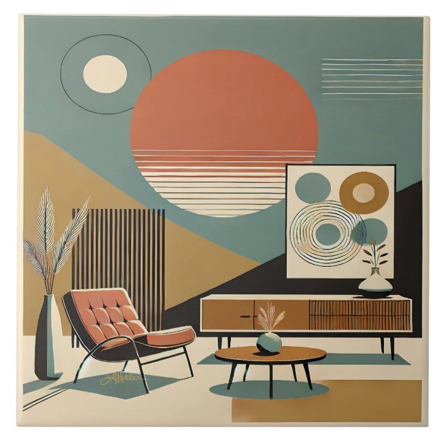 Mid Century Inredning Soluppgång Vardagsrum Kakelplatta (Framsidan)