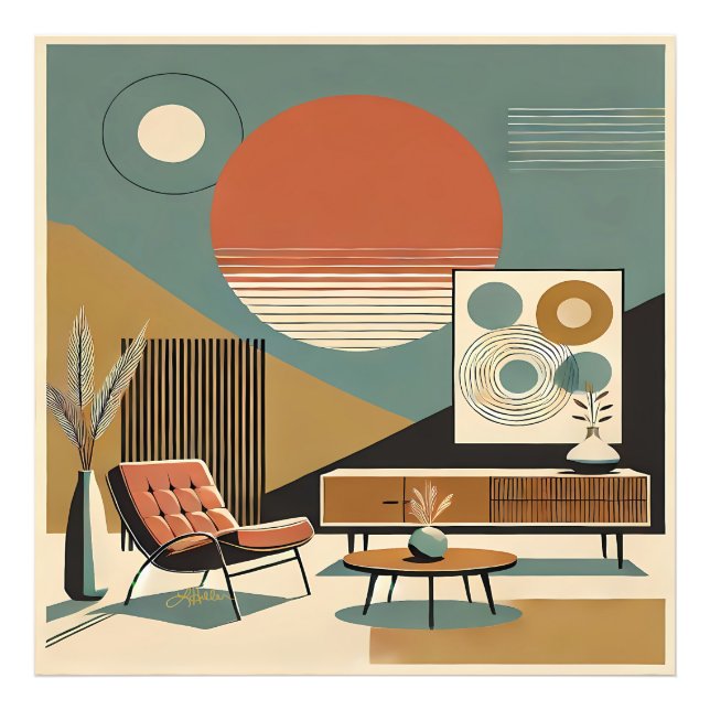 Mid Century Inredning Sunrise Vardagsrum Fototryck (Framsidan)