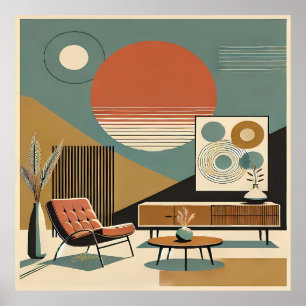 Mid Century Inredning Sunrise Vardagsrum Poster