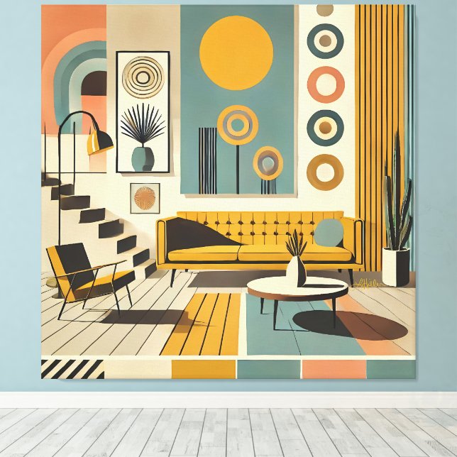Mid Century Inredningsdesign Öken Vardagsrum Canvastryck (Insitu (trägolv))