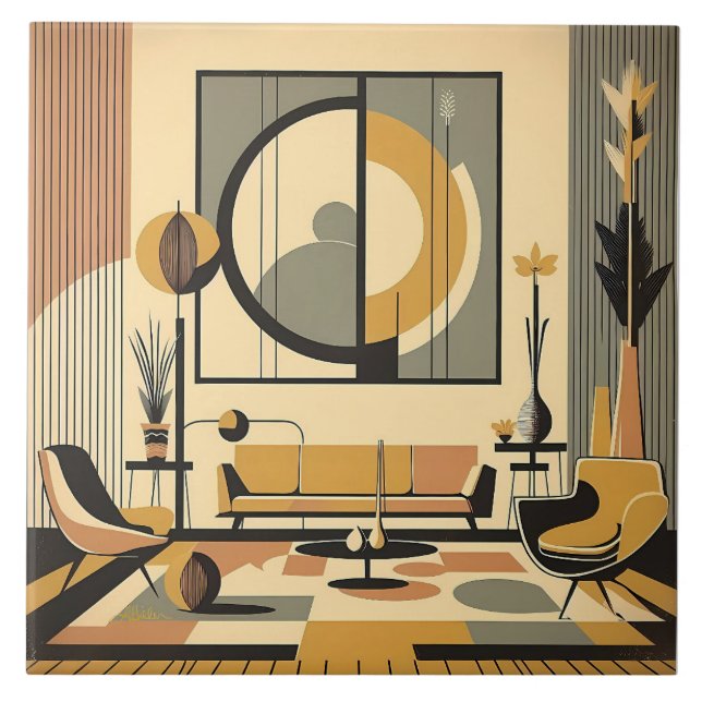 Mid Century Inredningsstil Höstfärger Vardagsrum Kakelplatta (Framsidan)