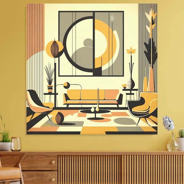Mid Century Interior Design Autumn Hues Livingroom Canvastryck (Insitu (Vardagsrum))