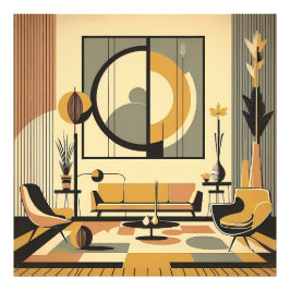 Mid Century Interior Design Autumn Hues Livingroom Fototryck