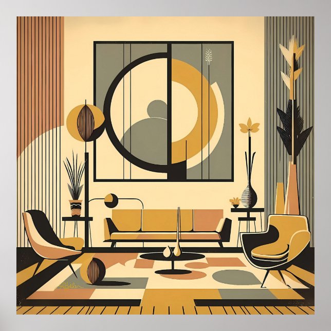 Mid Century Interior Design Autumn Hues Livingroom Poster (Framsidan)