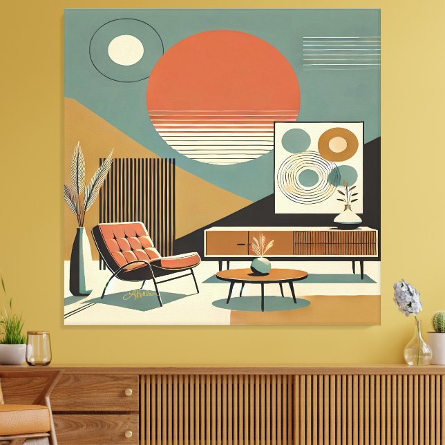 Mid Century Interior Design Sunrise Livingroom Canvastryck (Insitu (Vardagsrum))