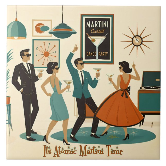 Mid Century It's Atomic Martini Time Cocktailparty Kakelplatta (Framsidan)