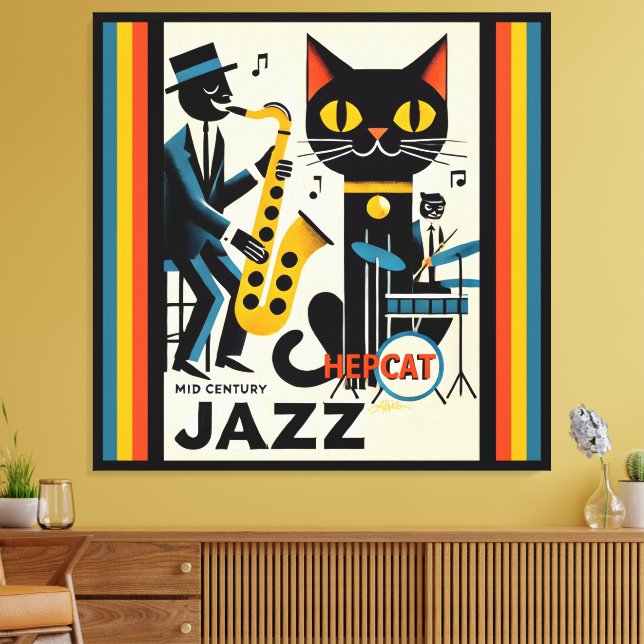 Mid Century Jazz Age HepCat Black Cat Canvastryck (Insitu (Vardagsrum))