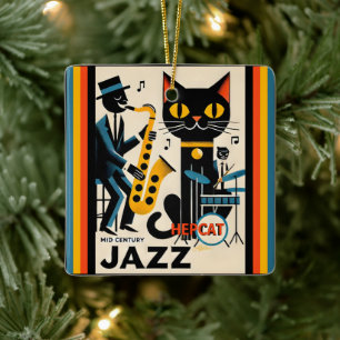 Mid Century Jazz Age HepCat Black Cat Julgransprydnad Keramik