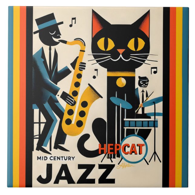 Mid Century Jazz Age HepCat Black Cat Kakelplatta (Framsidan)