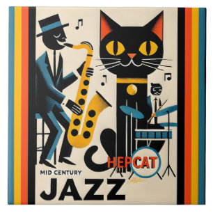 Mid Century Jazz Age HepCat Black Cat Kakelplatta