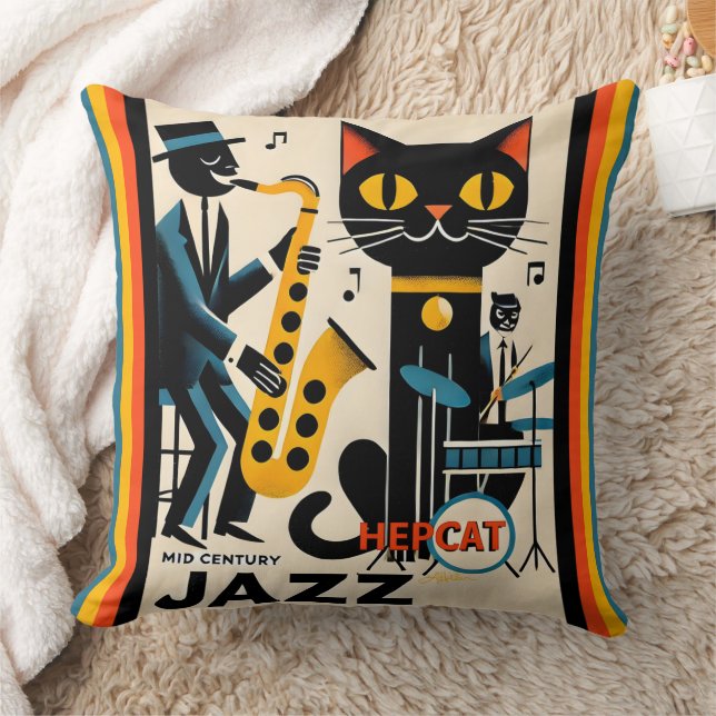 Mid Century Jazz Age HepCat Black Cat Kudde (Filt)
