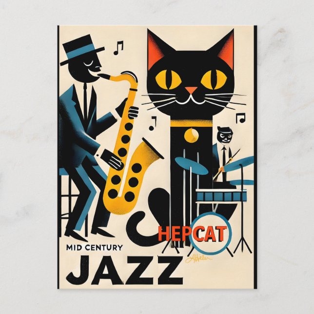 Mid Century Jazz Age HepCat Black Cat Vykort (Framsida)