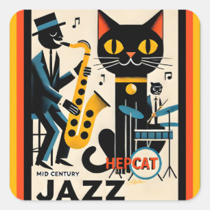 Mid Century Jazz Age HepCat Svart Katt Fyrkantigt Klistermärke