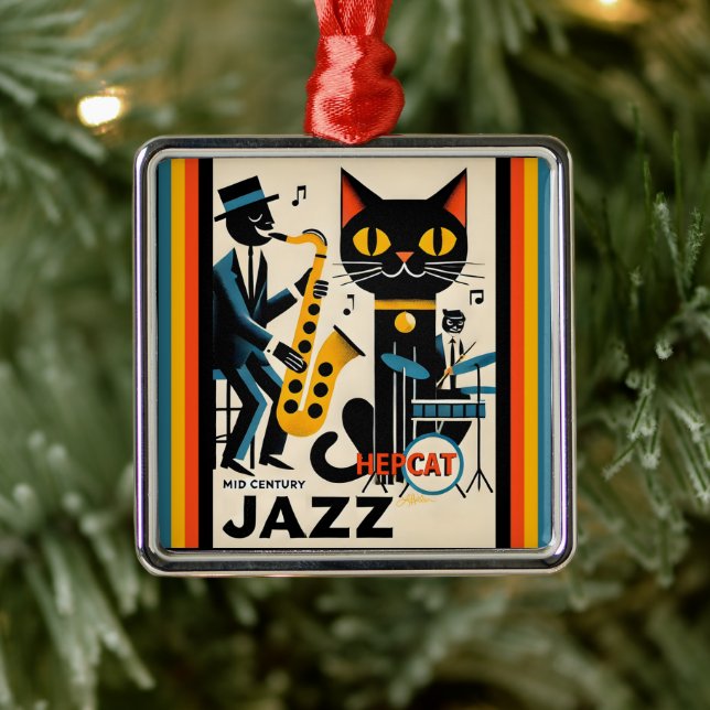 Mid Century Jazz Age HepCat Svart Katt Julgransprydnad Metall (Träd)
