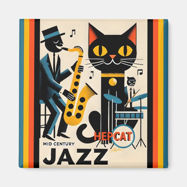 Mid Century Jazz Age HepCat Svart Katt Magnet (Framsidan)