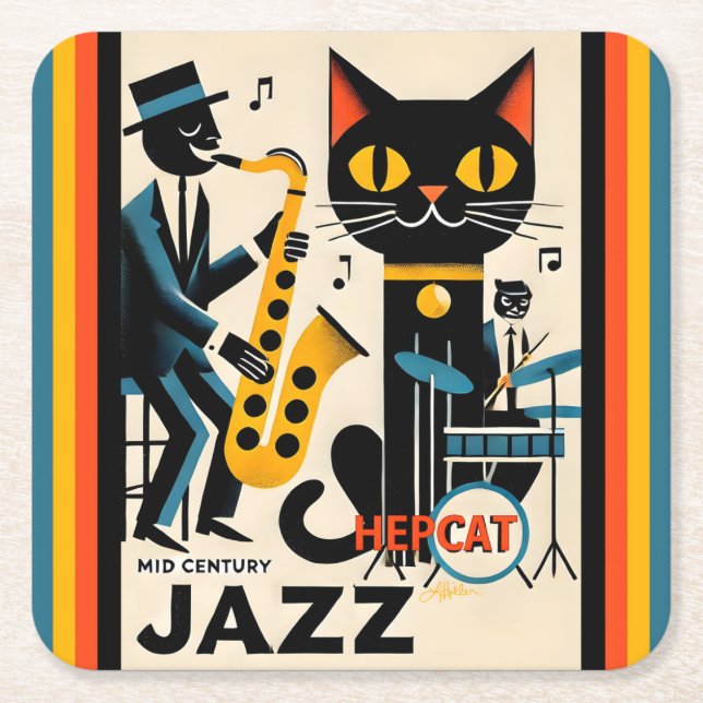 Mid Century Jazz Age HepCat Svart Katt Underlägg Papper Kvadrat (Framsidan)