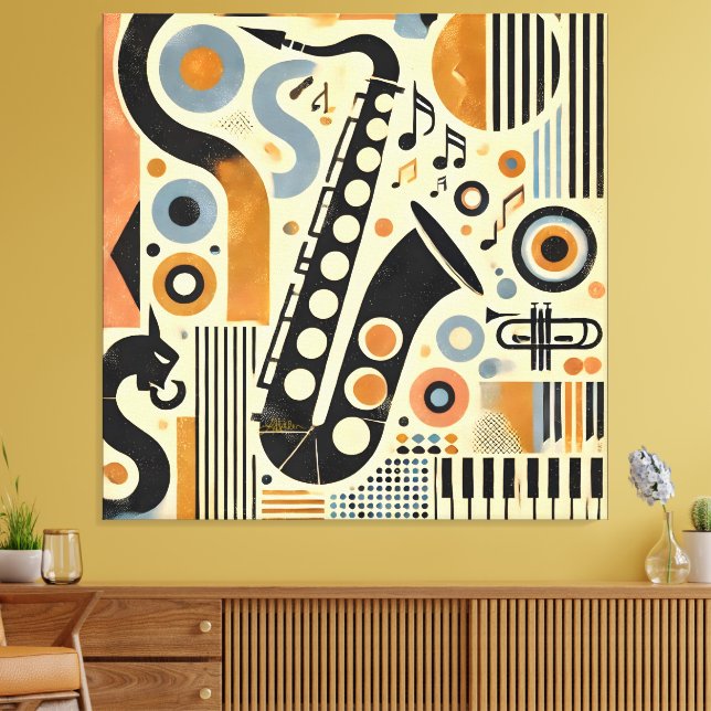 Mid Century Jazz Age Minimalist Art Saxophone Canvastryck (Insitu (Vardagsrum))