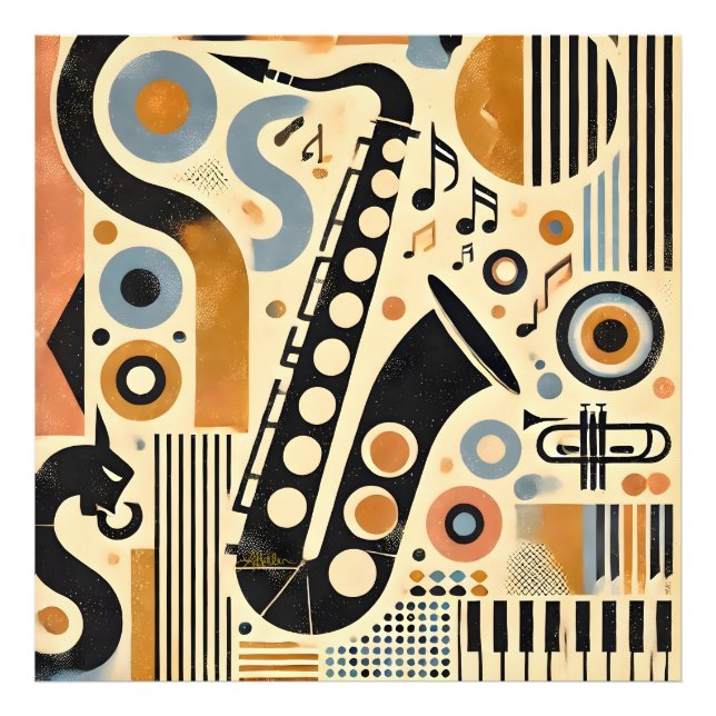 Mid Century Jazz Age Minimalistisk Konst Saxofon Fototryck (Framsidan)