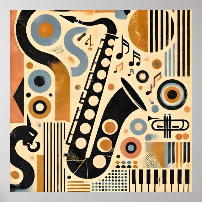 Mid Century Jazz Age Minimalistisk Saxofonkonst Poster (Framsidan)